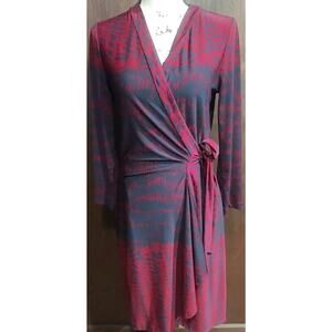BCBG Max Azria Maroon Navy blue Animal Print Wrap Tie Dress Size Small career
